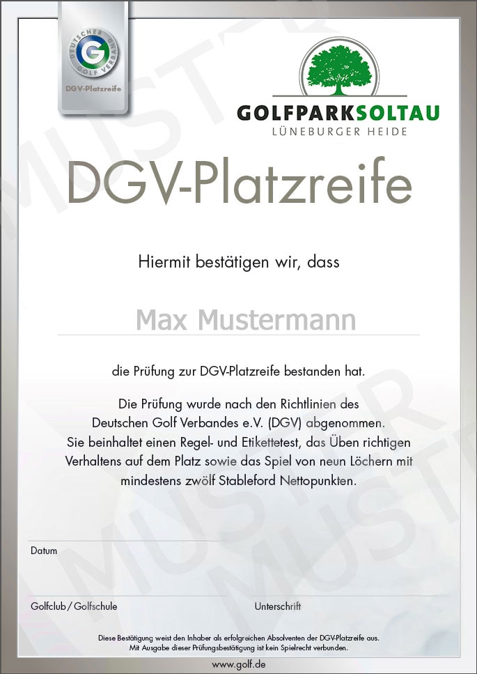 Golf DGV Platzreifezertifikat nach Richtlinien des DGV